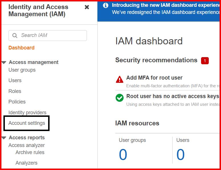 Picture showing the Accounts settings menu in IAM dashboard